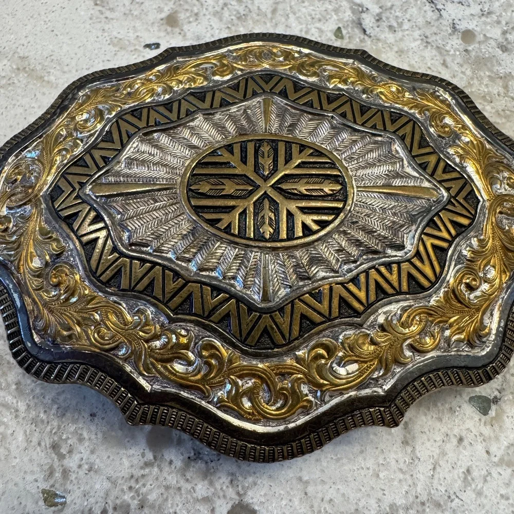 Vintage Crumrine Ornate Heavy Silver Plate on Jeweler Bronze‎ Belt Buckle